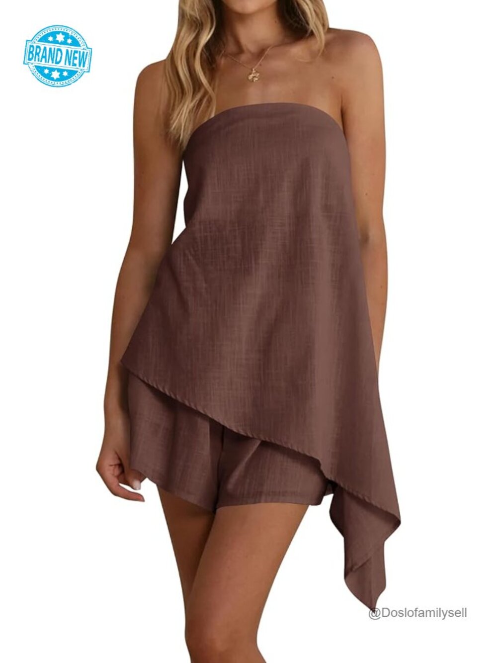 Women's Linen Strapless 2 Piece Short Set Asymmetrical Tube Top with Shorts